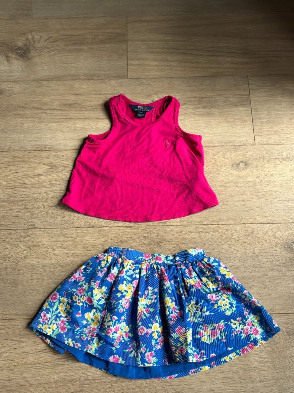 Polo Ralph Lauren Girl's Blue Floral Print Skirt and Pink Tank Top- Size 2T